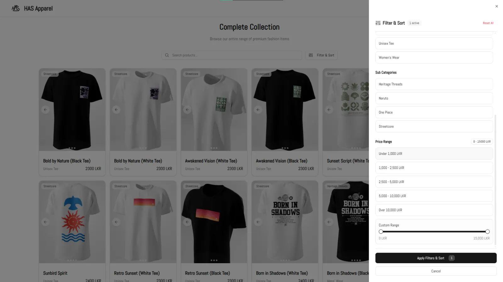 Filter and sort: category, sub-category and price range