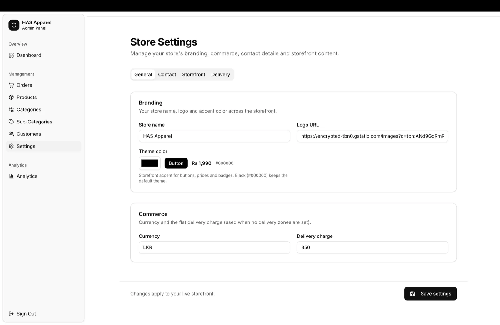 Store settings: the shop's own branding, theme colour, currency and delivery charge