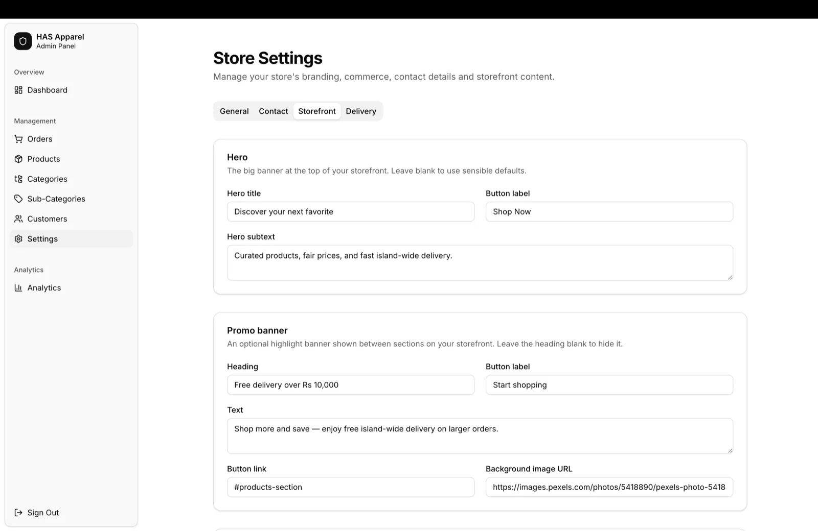 Storefront copy edited from the admin: hero wording and promo banner, no deploy needed