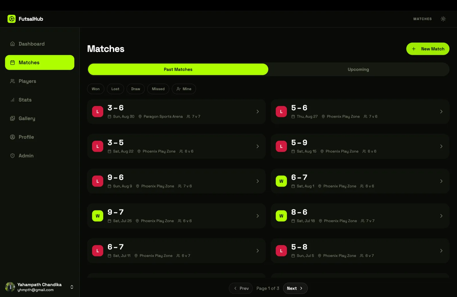 Match list, split between past results and upcoming fixtures