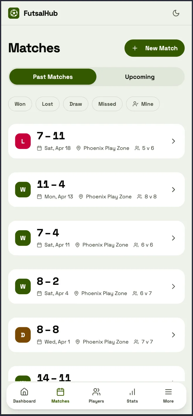 Match list on a phone, filtered by result