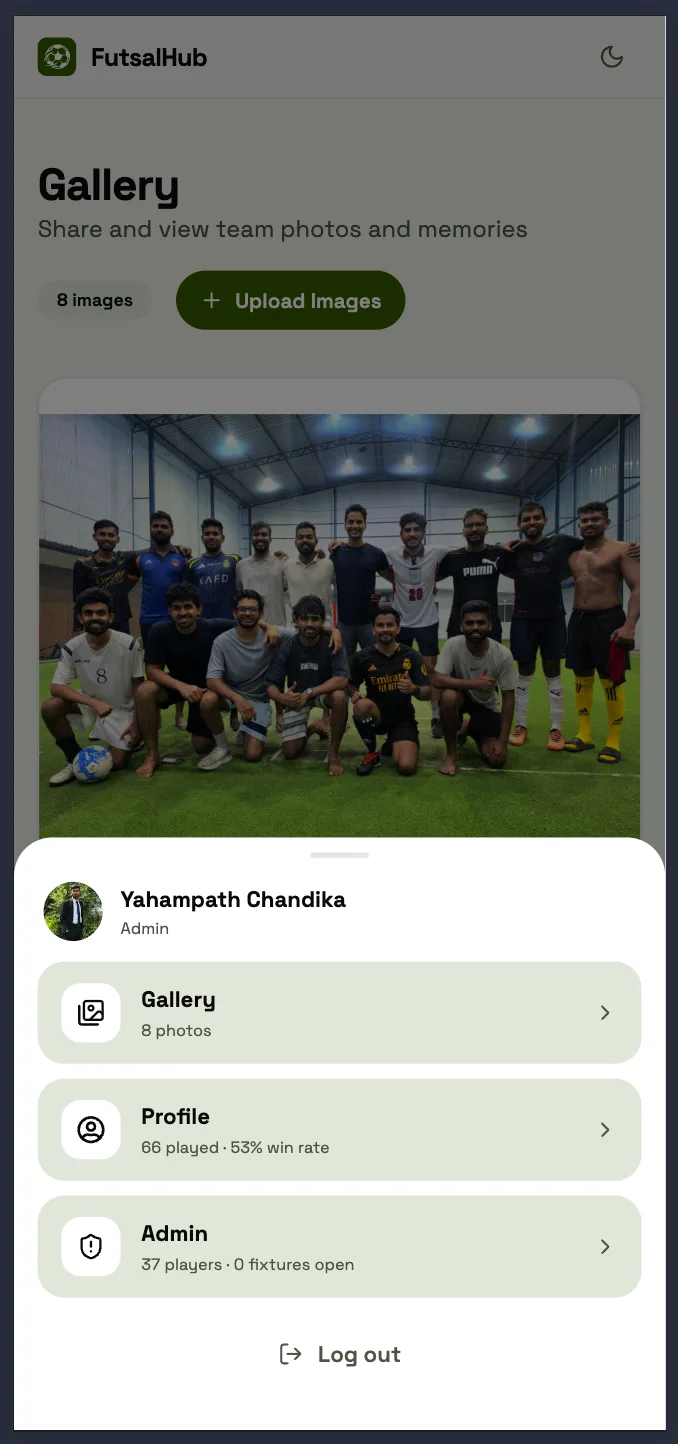 Team gallery and the account menu on a phone