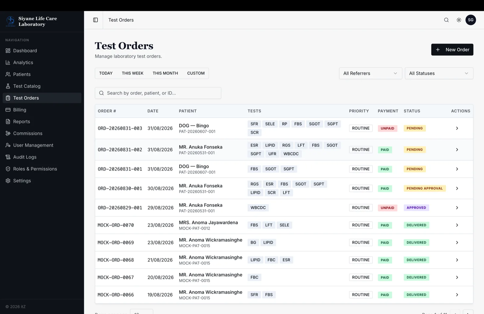 Test orders, each with its tests, payment state and delivery status