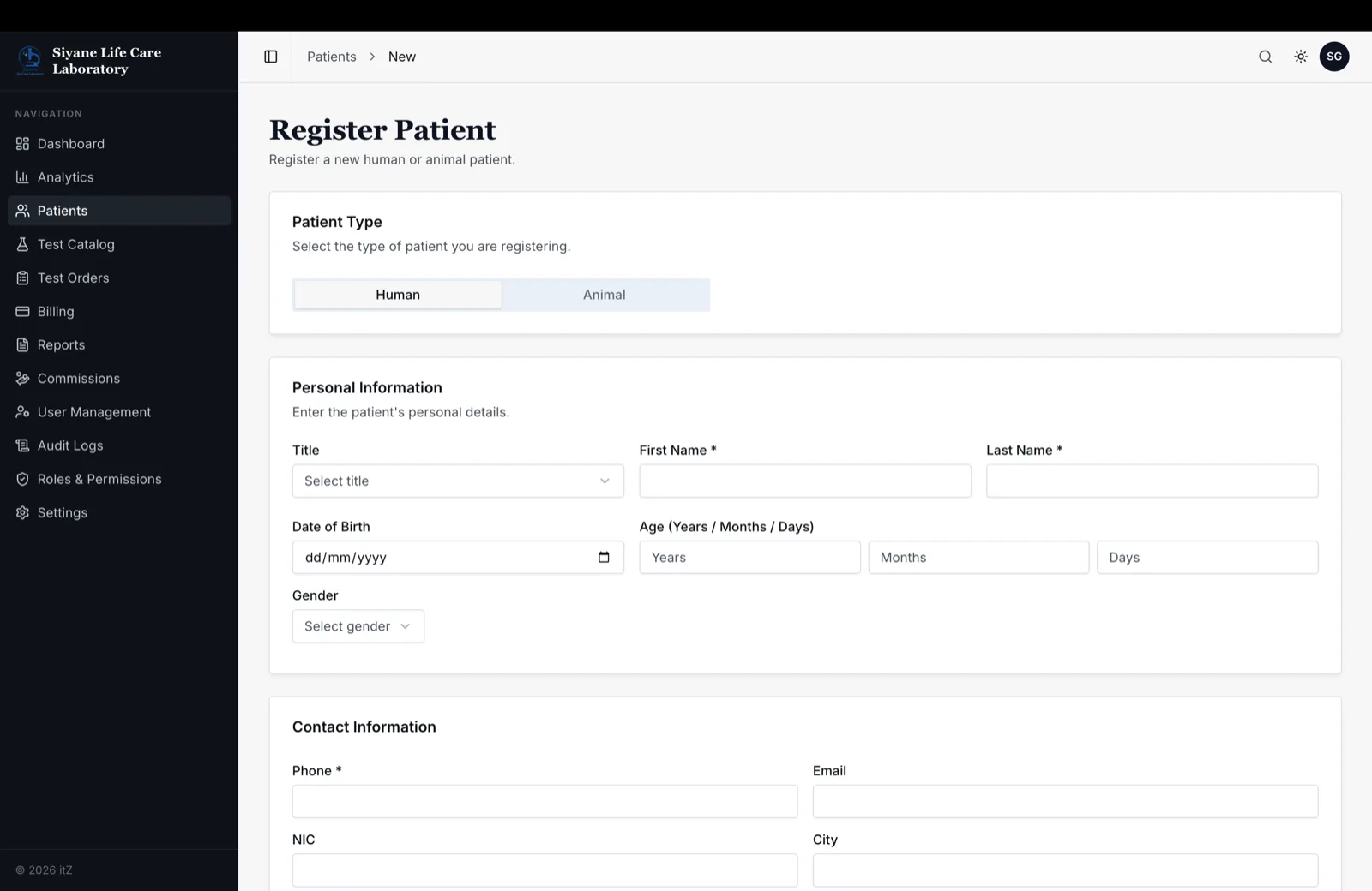 Patient registration, for a person or an animal