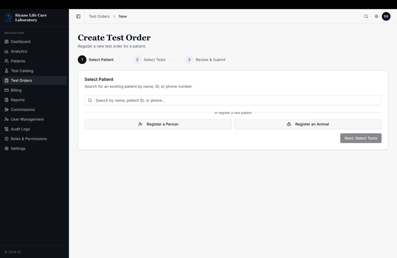 Creating an order: patient, then tests, then review