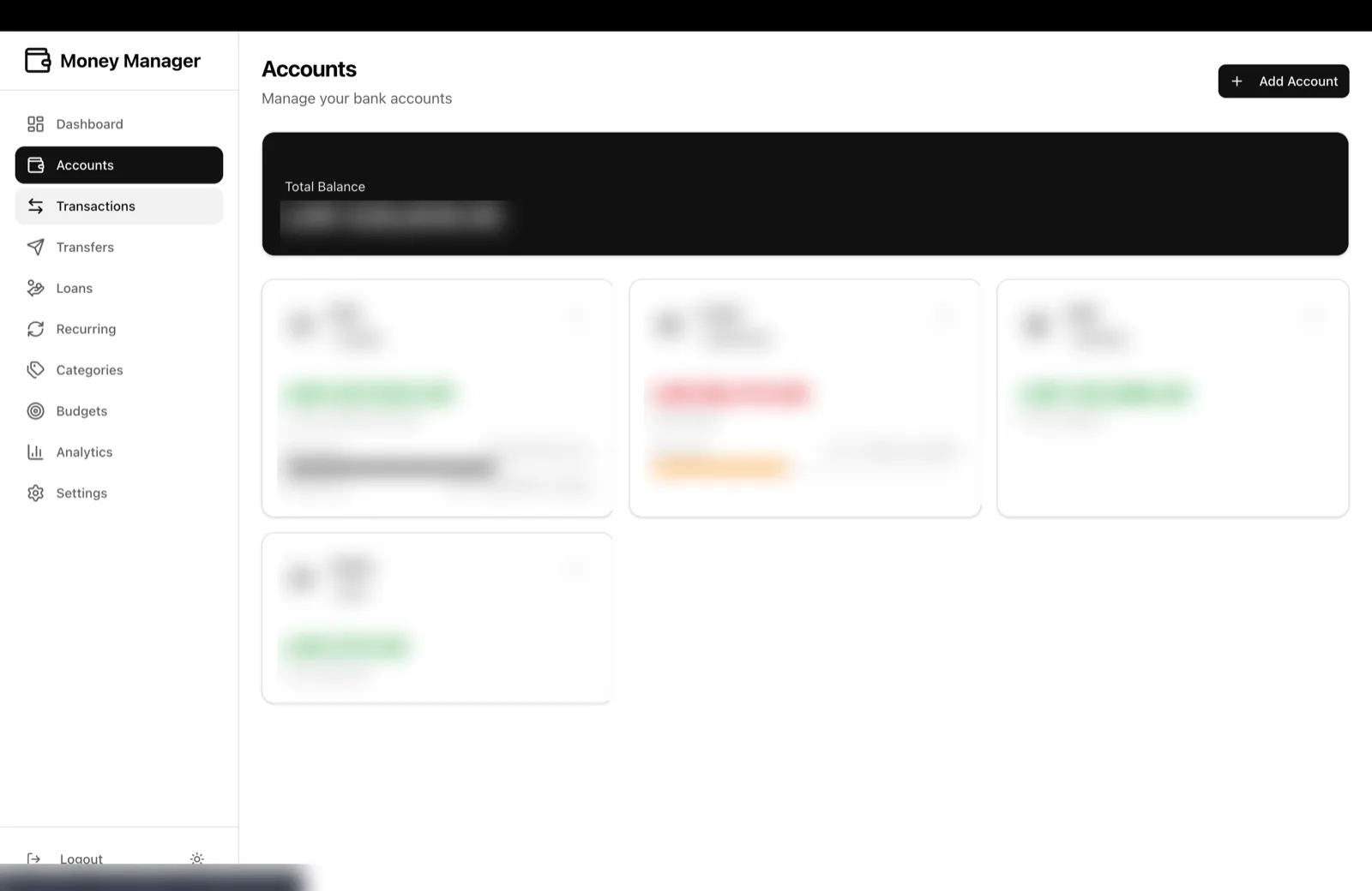 Accounts: one card each, with savings targets and credit limits. Figures blurred.