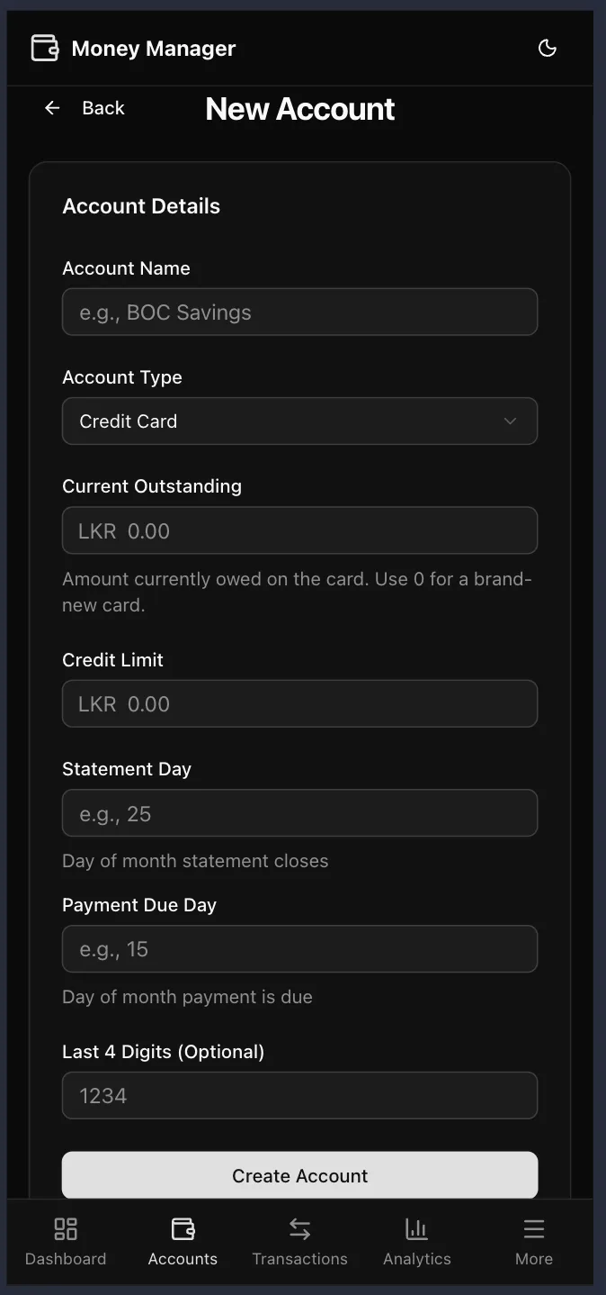 Adding an account on a phone; the form changes with the account type.