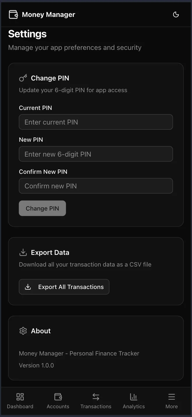 Settings on a phone: a PIN lock, and a full export to CSV.