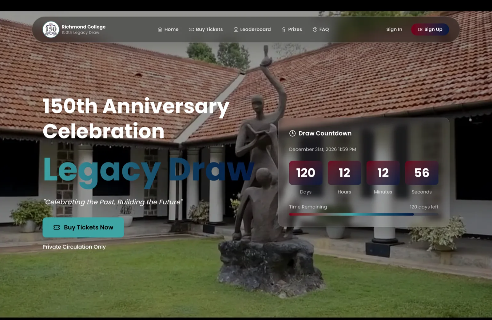 The Legacy Draw landing page, counting down to the draw date