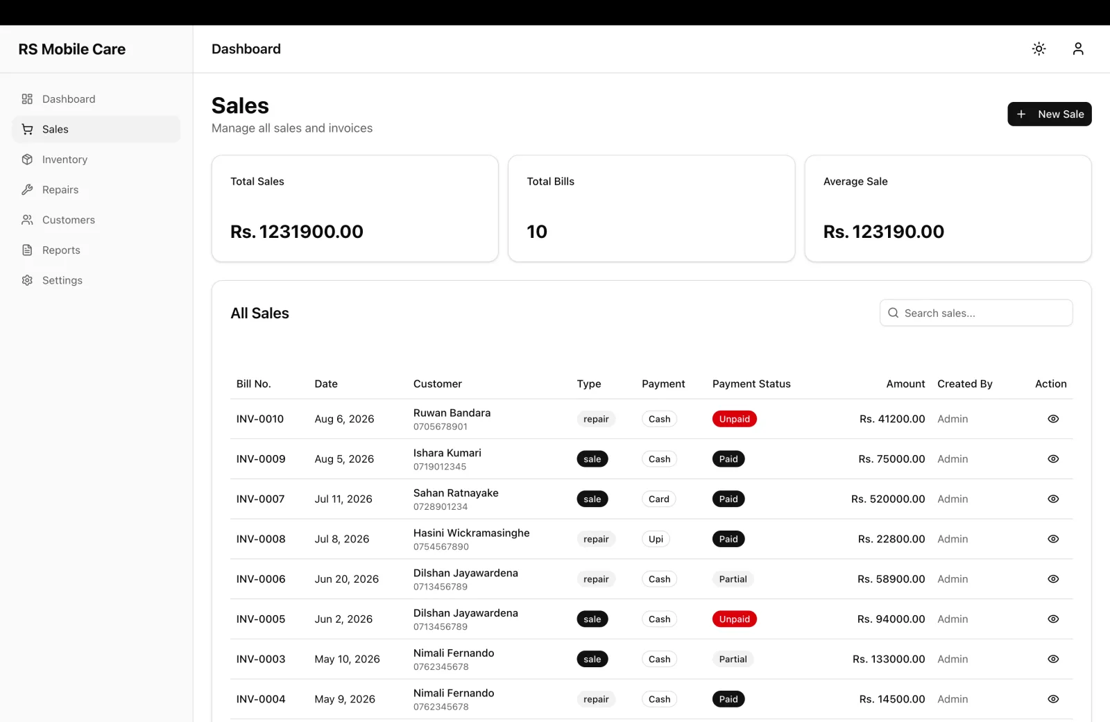 Sales list, each bill marked sale or repair and paid, partial or unpaid