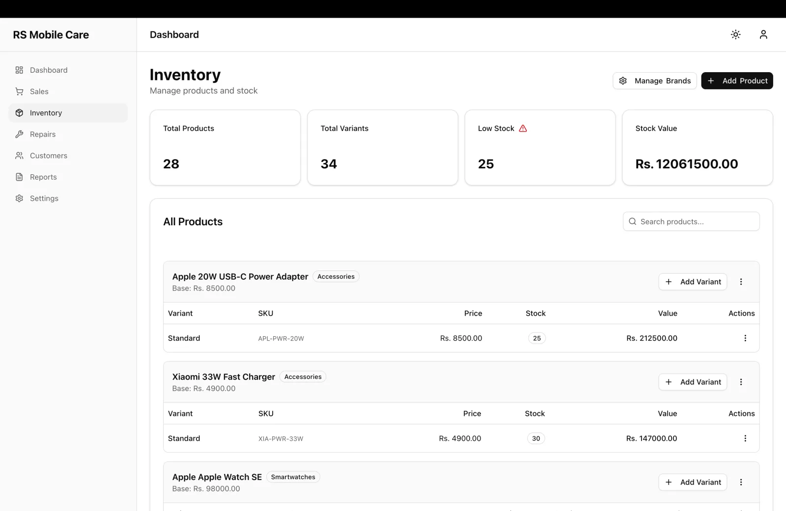 Inventory grouped by product, with a variant, SKU and stock level under each
