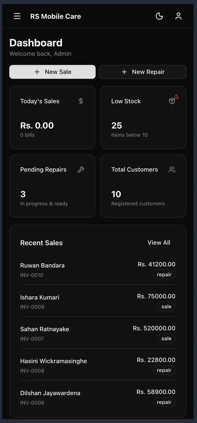 Dashboard on a phone, in the dark theme
