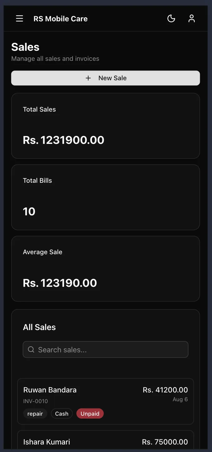 Sales on a phone, each bill carrying its payment status