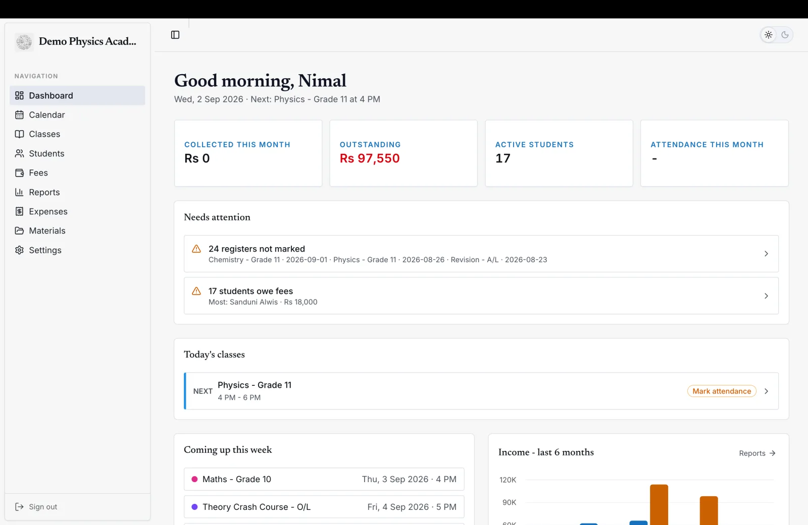 A centre's dashboard: money collected and outstanding, unmarked registers, today's classes and income by month