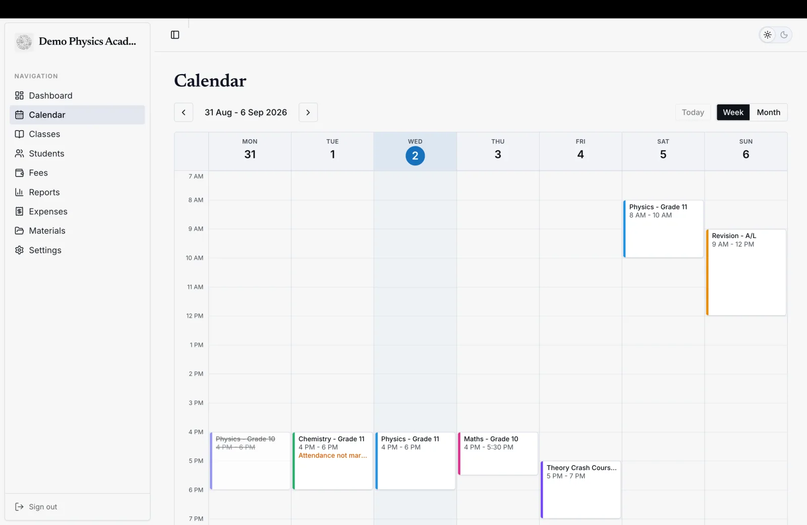 The week's calendar, each class colour-coded, a cancelled one struck through