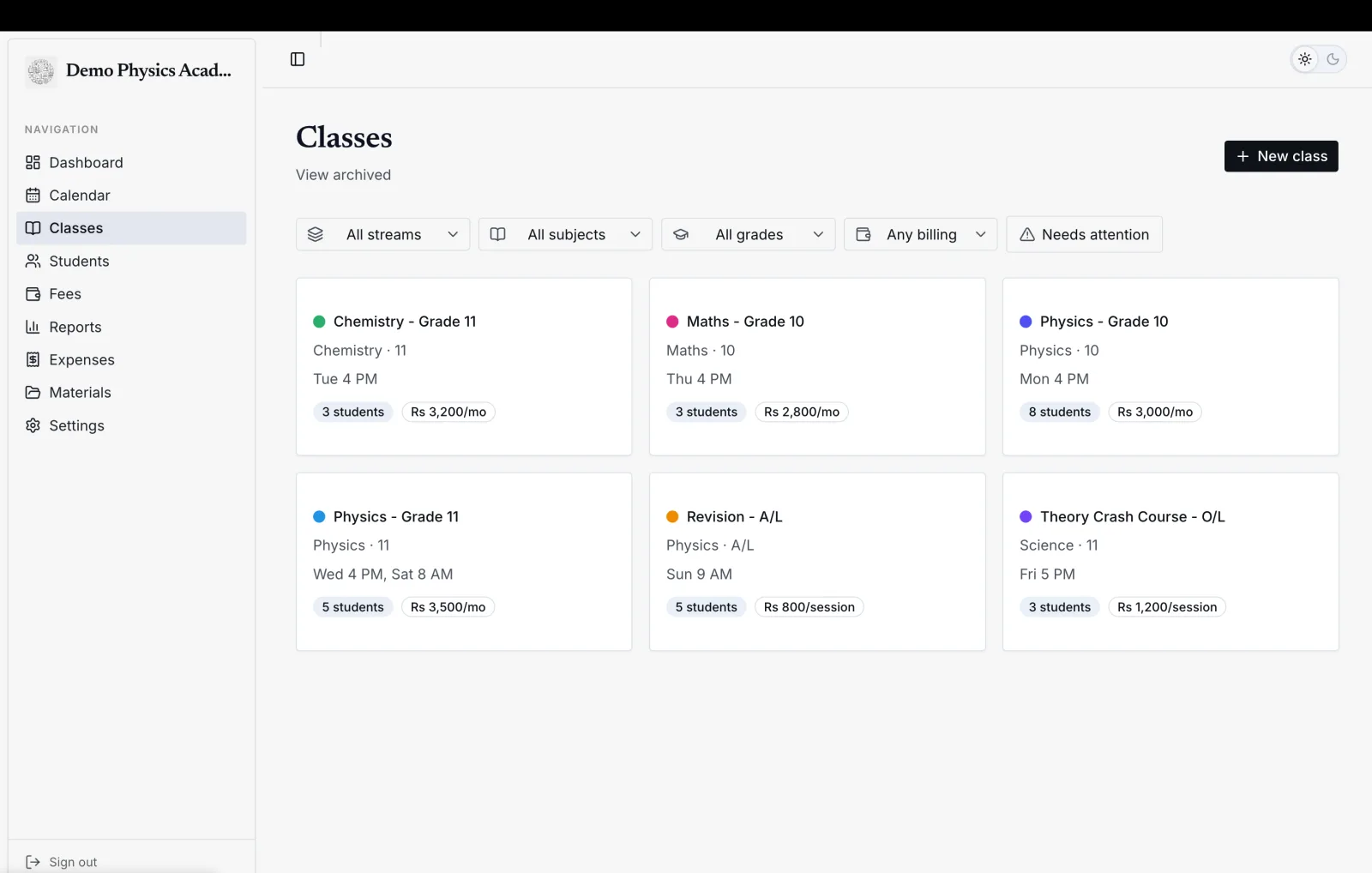 Classes, filtered by stream, subject and grade, each card showing enrolment and what it bills