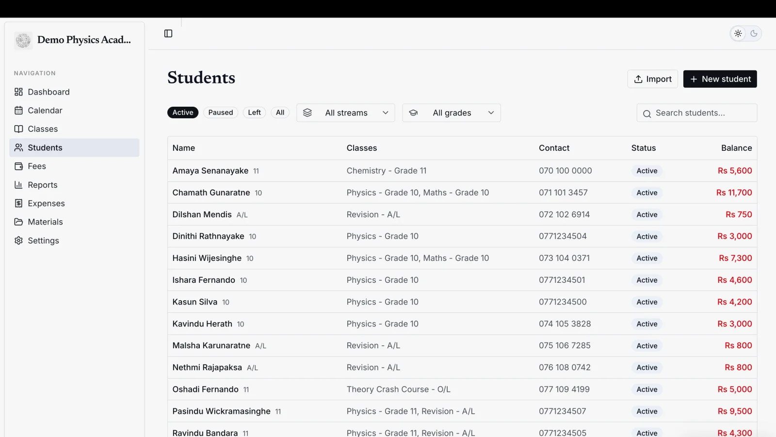 Students, filtered by status, with the classes they attend and what each still owes