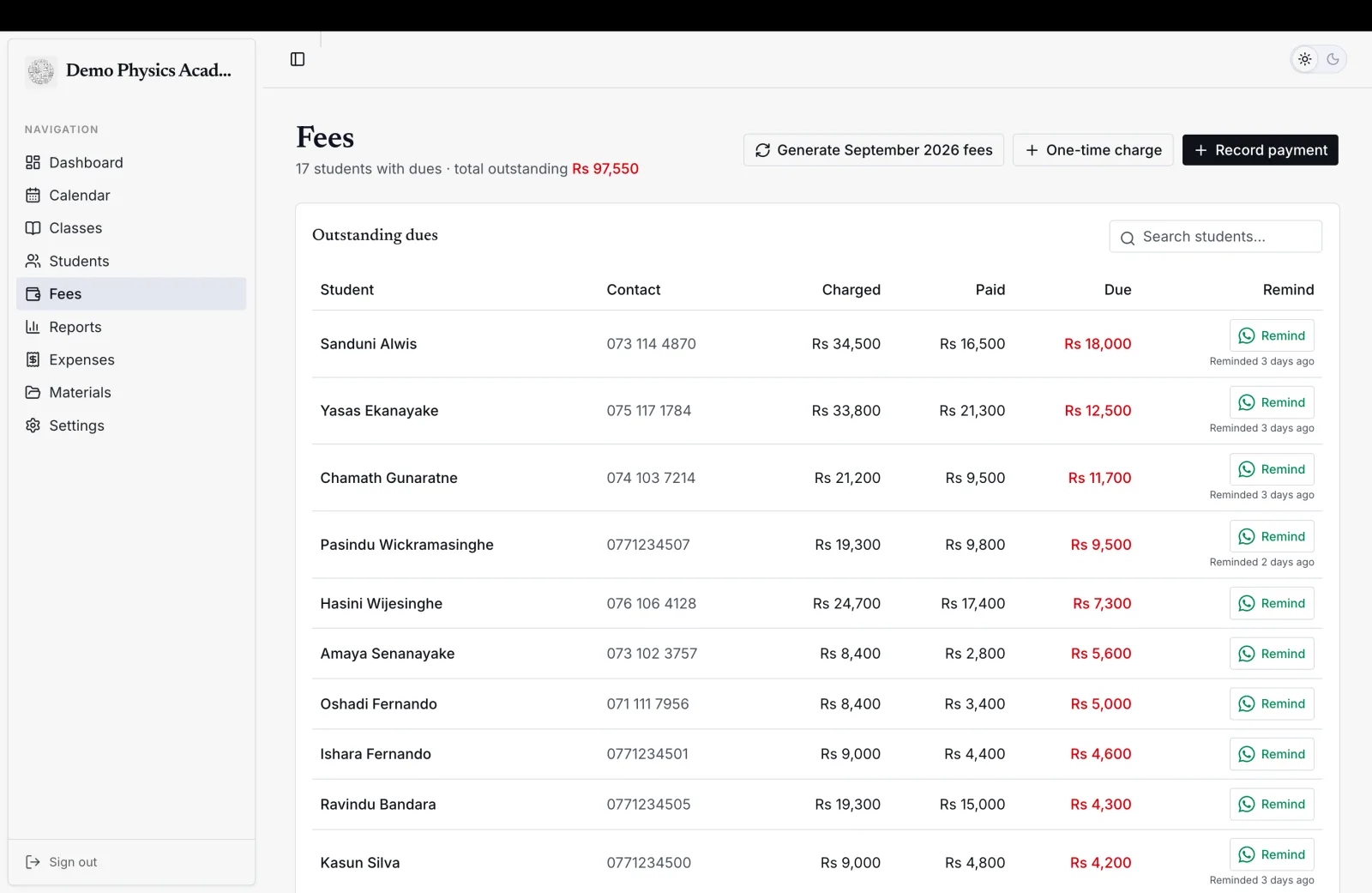 Outstanding fees per student, charged against paid, each row with a WhatsApp reminder