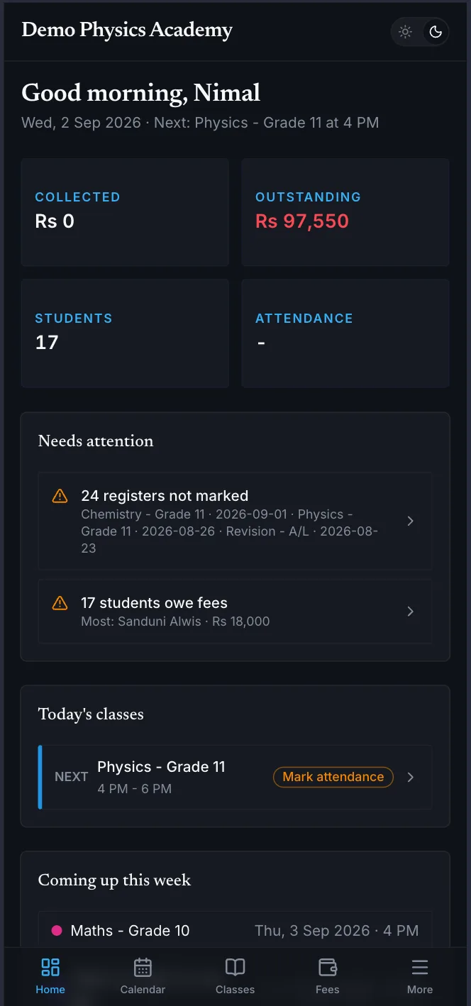 Dashboard on a phone, in the dark theme