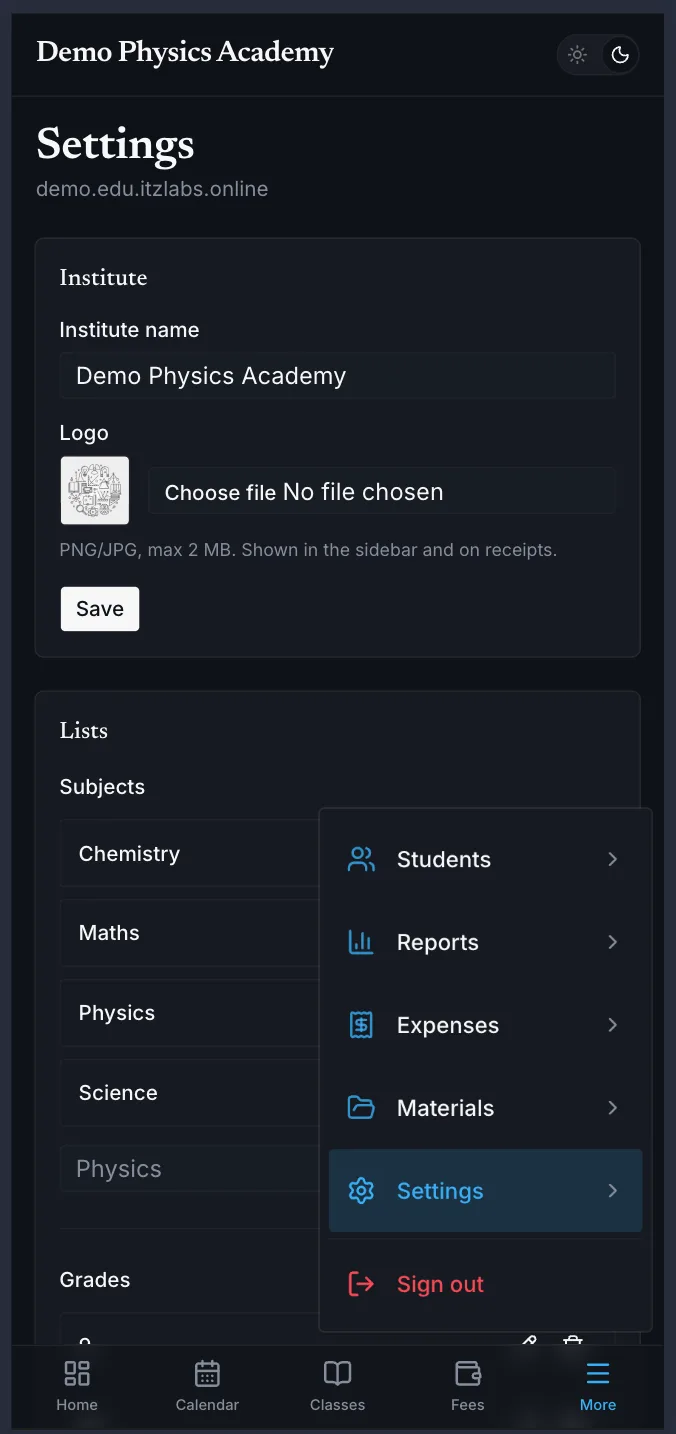 Centre settings on a phone, with the overflow menu open