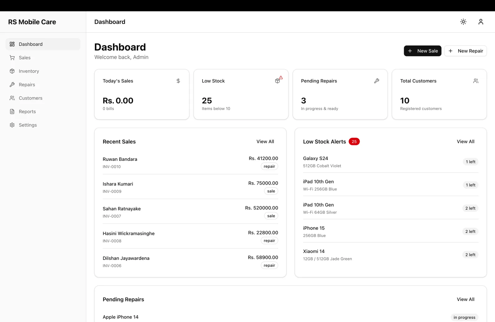 RS Mobile Care dashboard: today's takings, low stock, pending repairs and the recent bills